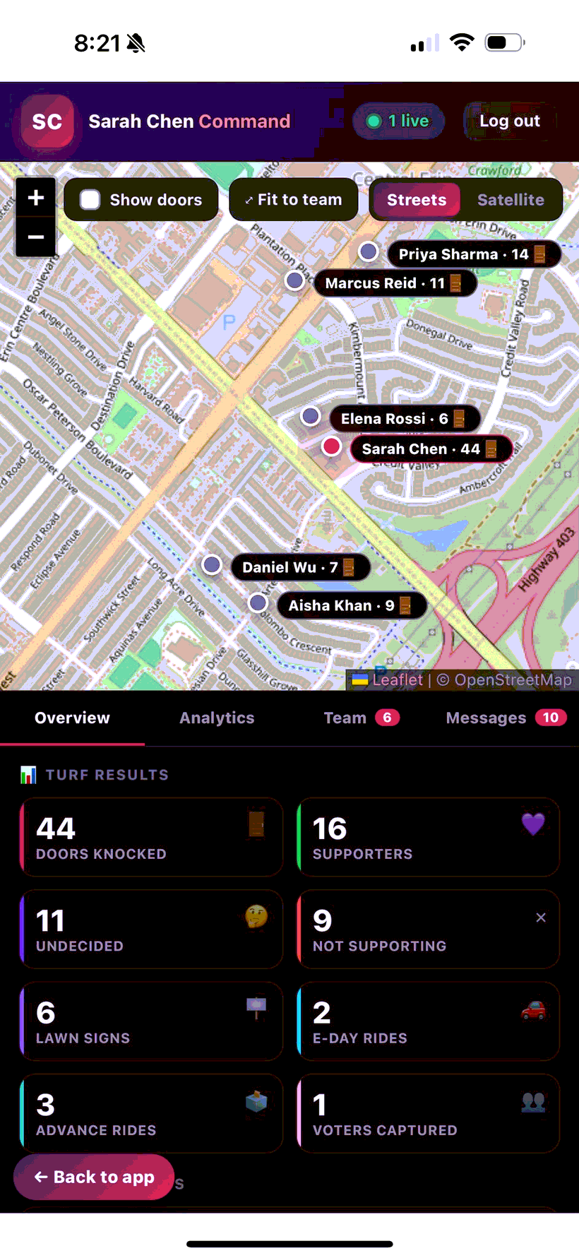 Votera command center &mdash; a live volunteer map with real-time turf results