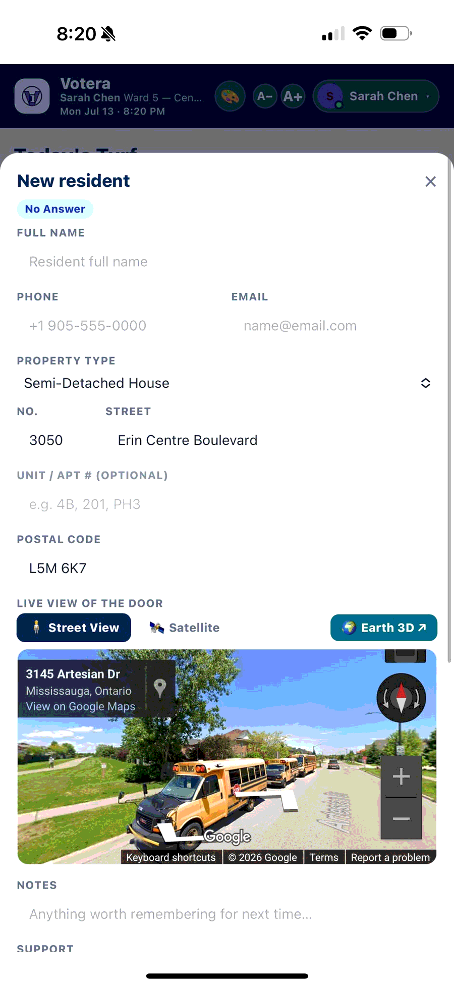 Votera new-resident card with a live Street View of the address