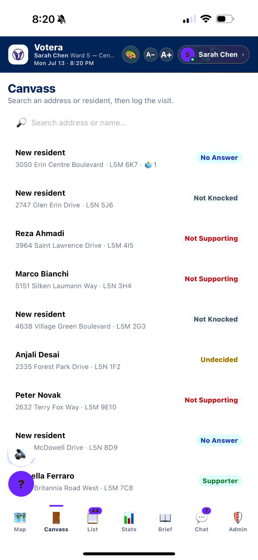 Votera canvass list showing residents tagged by support status