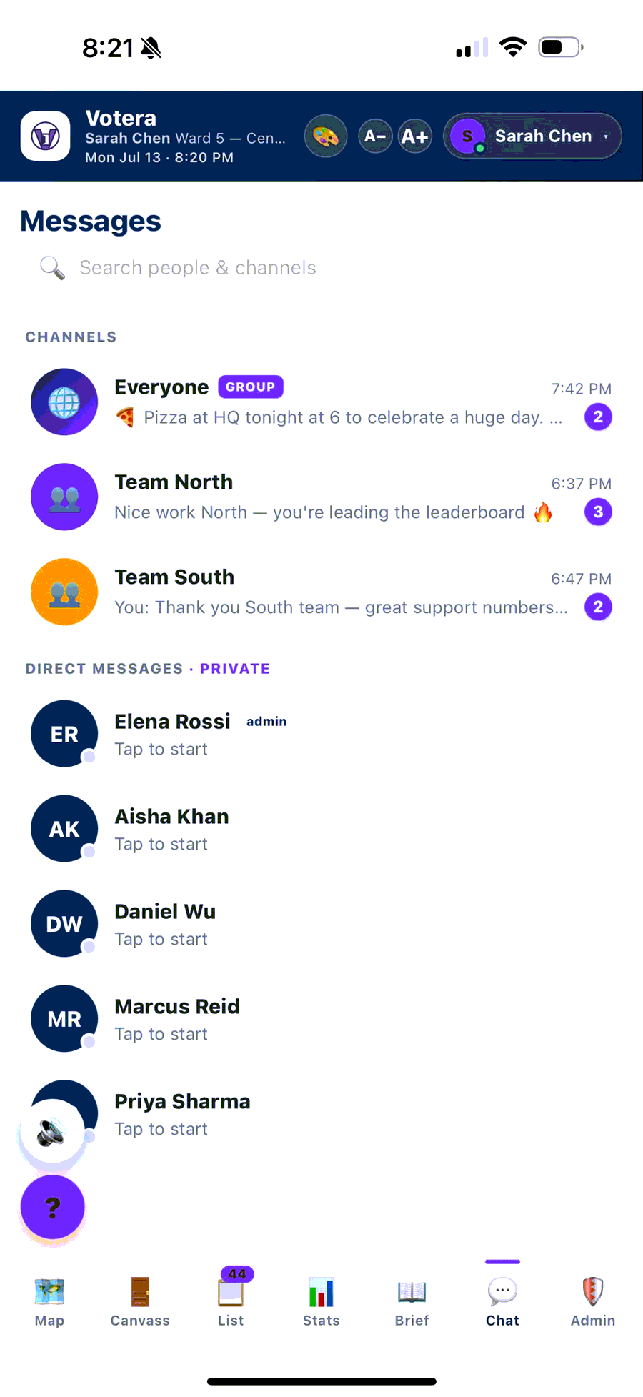 Votera Messages: campaign, per-team and direct-message channels