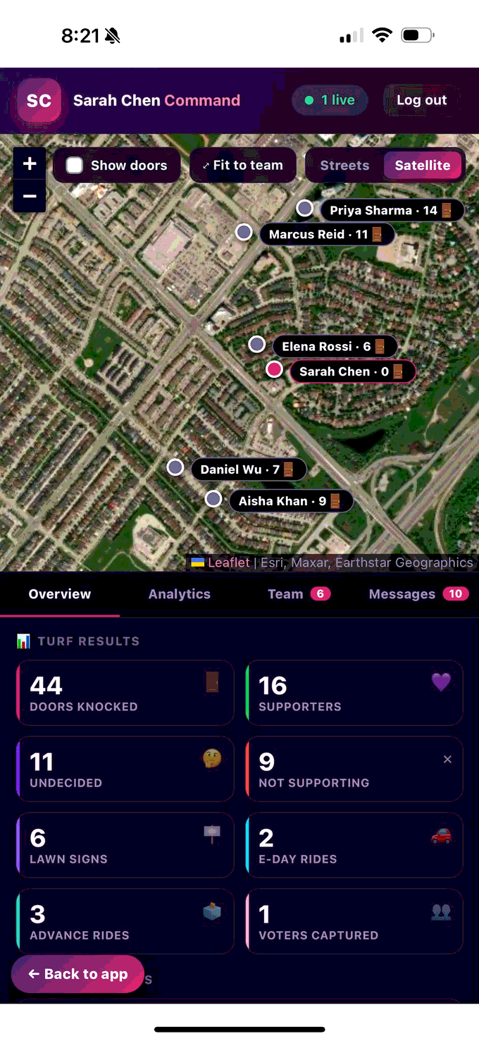 Votera command center: a live satellite map of volunteers and doors