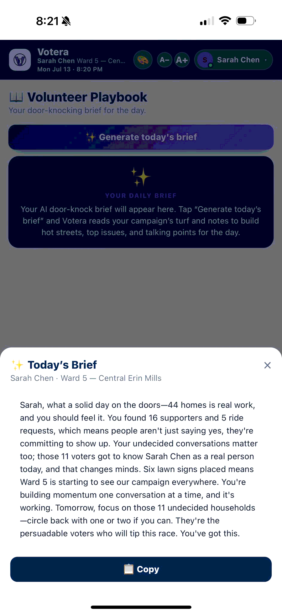 Votera AI Today's Brief: a personalised daily door-knocking brief