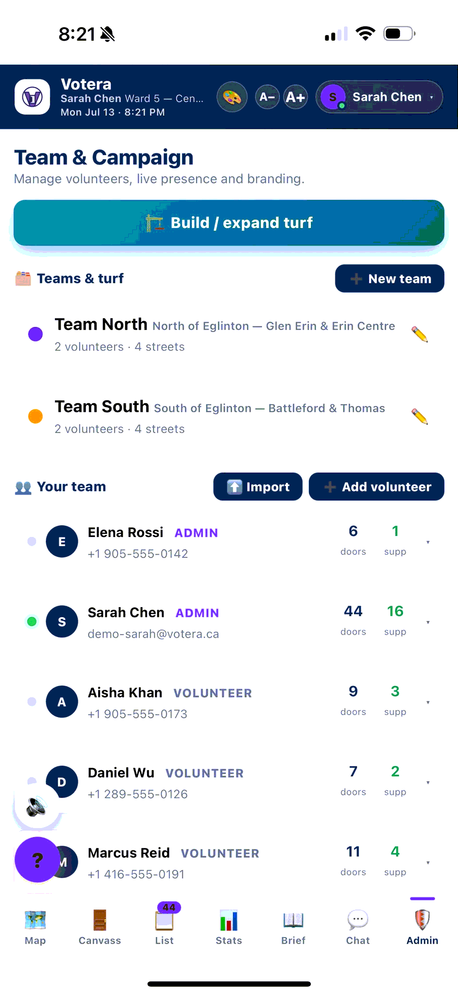 Votera Team and Campaign screen: volunteers, teams and turf management